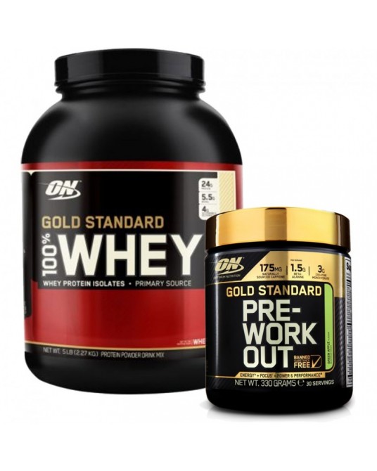 Optimum 100% Whey Gold Standard 2,27 kg + Preentrenamiento 330 gramos.