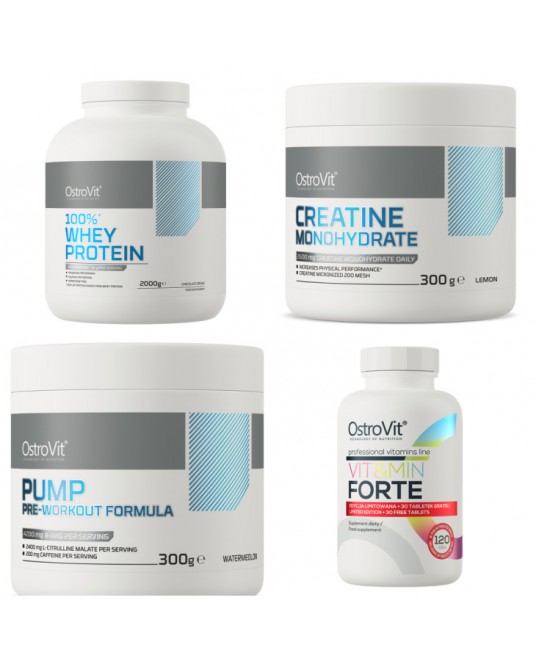 Ostrovit Pack Whey 2 kg + Creatina 300 g + Pre-entrenamiento 300 g + Vit&Min Forte 120 cápsulas